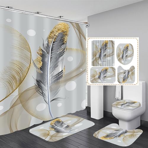 DDQQ 4Pcs Abstract Bubble and Feathers Shower Curtain Set Gray and Golden Bathroom Sets Shower Curtain with 12 Hooks Bathroom Decor with Rugs Bath Accessories with Mats Toilet Lid Cover - color: Yellow