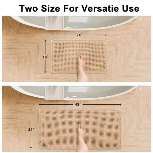 Hiasan Set of 2 Waffle Bath Mat, Super Absorbent Non Slip Bathroom Boho Rug with Tassels, Machine Washable Bath Mats for Bathroom, Ultra Soft Rubber Backed Rug, Brown, 16" x 24" + 24" x 48" - color: Brown, size: 16" x 24" + 24" x 48"