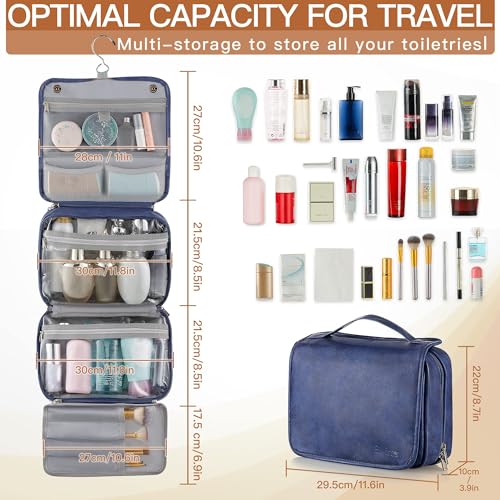 Elviros Hanging Toiletry Bag for Men PU Leather Shaving Dopp Kit (Blue) | 3-in-1 Waterproof Travel Organizer with Separate Compartments for Grooming Items, Toiletries, and Daily Essentials - color: Blue, size: 1 Pack