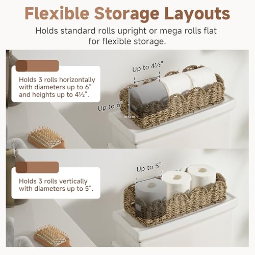 StorageWorks Small Wicker Scalloped Baskets for Bathroom Decor, Long Narrow Decorative Seagrass Baskets for Storage, Toilet Paper Basket for Back of Toilet Basket Tank Topper with Handles - color: Natural (Seagrass), size: 14¼" L x 6¾" W x 3¾" H (Scallope
