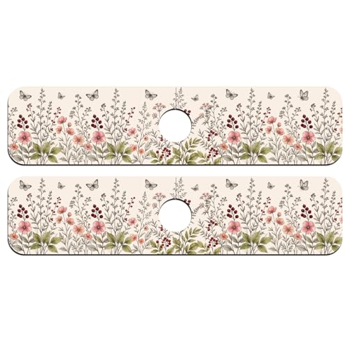 2 Pcs Kitchen Sink Splash Guard Faucet Mat Retro Wildflower Bush and Butterflies Pattern Faucet Mat for Sinks Flower Absorbing Drying Mats for Kitchen Bathroom - color: Wildflower Bush