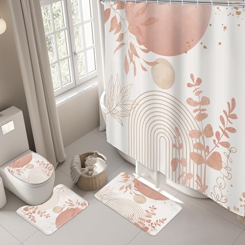 Riyidecor Boho Pink Gold 4Pcs Bathroom Shower Curtain Sets Mid Century Modern Minimalist Leaves Bathroom Decor Set with Rugs and Accessories Abstract Toilet Lid Rug, Contour and Bath Mat with 12 Hooks - color: 02pink Gold