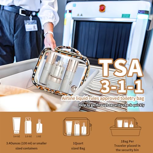 TSA Approved Travel Toiletry Bag,2 Pack Clear Makeup Bags with Handles,Quart Size Clear Cosmetic Bags for Traveling Women,Men,Carry on Airport Airline Compliant Bag,Leopard - color: Leopard, size: 2 Pack, Medium