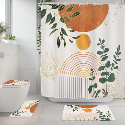 Riyidecor Mid Century 4Pcs Bathroom Shower Curtain Sets Abstract Aesthetic Geometric Bathroom Decor Set with Rugs and Accessories Modern Minimalist Toilet Lid Rug, Contour and Bath Mat with 12 Hooks - color: 05orange