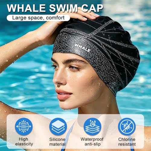 WHALE Extra Large Swim Cap Designed for Men and Women with Thick, Long Hair, Hair Extensions Or Afro-Textured Hair Long-Hair Swim Cap Highly Waterproof to Keep Hair Dry - color: Black