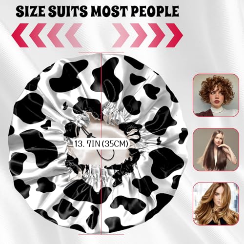 Luxury Shower Cap Satin Lined Reusable Waterproof Double Layer Elastic Adjustable Hair Bath Cap Cute Aesthetic Women Girls-Cow Leopard - color: F9-Cow Leopard