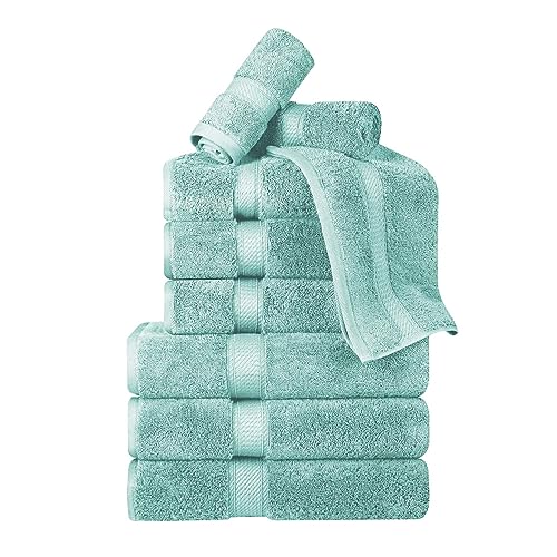 BLUENILEMILLS BNM Madeline Egyptian Cotton Heavyweight Towels, Ideal for Shower, Spa, Hotel, 800 GSM, Face/Washcloths, Hand Towels, Bath Towels, Highly-Absorbent, Luxury, 9 Piece Towel Set, Sea Foam - color: Sea Foam, size: 9-Piece Towel Set