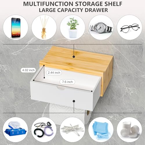 Domax Standard 8.46" Bamboo Toilet Paper Holder with Shelf and Storage Drawer - Wall Mount or Adhesive Bathroom Organizer for Tampons, Cotton Swabs, Wipes or More, White+Nature - color: Nature+white