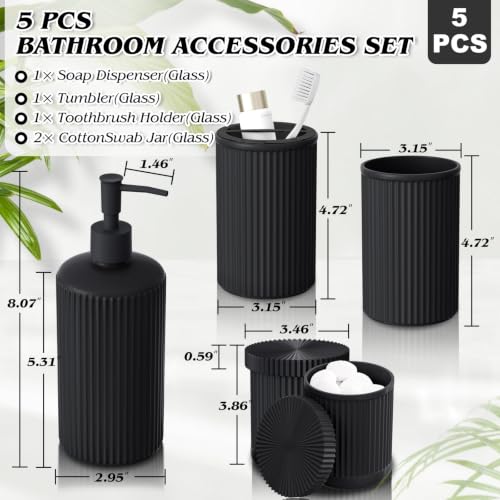 Black Glass Bathroom Accessories Set 5 Piece for Sink Countertop Organizer | Modern Bathroom Set That Organizes Sink Countertops And Keeps Soap, Toothbrushes & Daily Essentials Neat and Accessible - color: Black, size: 5 Pieces