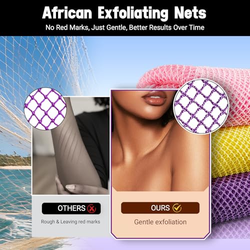 African Net Sponge Authentic 3 Pieces Gentle Exfoliating Body Scrubber Bath Sponges for All Skin Types, African Exfoliating Net Sponge with Handles Washcloth Loofah Bathing Accessories for Shower - style: Yellow, Pink, Purple