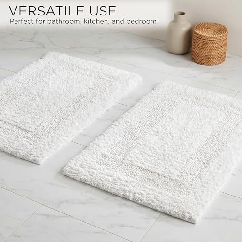 THE BEER VALLEY Set of 2 Reversible Bath Rug 17x24 Inch - White | Cotton Absorbent Thick Bathmat for Bathroom, Washable Toilet Small Throw Mat - color: White, size: 17 x 24 inches (Set of 2)