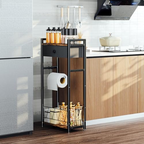 Freestanding Toilet Paper Holder Stand with Storage Drawer, Narrow Bathroom Shelf, Spare Roll Basket, 4-Way Install Paper Arm, Space-Saving Rack for Apartments & RVs (Brown)