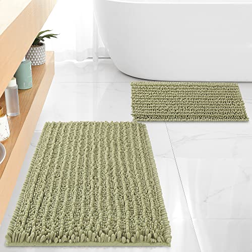 FLOLEOPA Luxury Chenille Sage Green Bathroom Rugs Bath Mats Sets, Extra Soft and Absorbent Bathroom Rugs Non Skid Machine Wash Dry Bath Mats（32"x20" Plus 17"x24"） - color: Sage Green, size: 32"x20" Plus 17"x24"