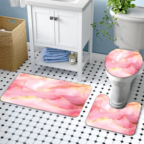 Lnond 4Pcs Bathroom Sets with Shower Curtain and Rugs, Pink Gold Marble Modern Art Shower Curtain Sets with Rugs and Accessories - color: Pink Gold Marble