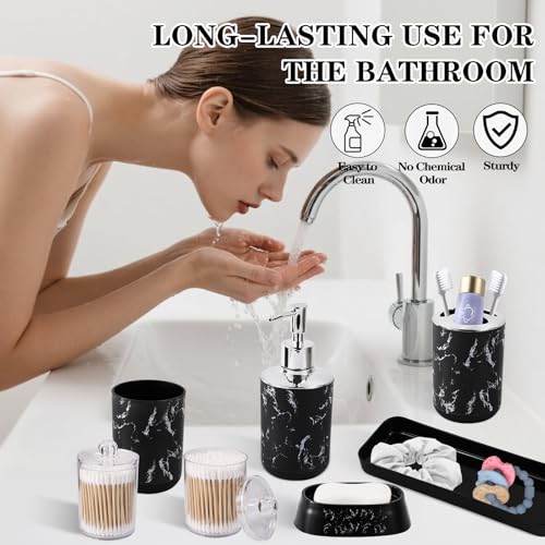 Bathroom Accessories Set, 9-Piece Marble Black Bathroom Set, Black Bathroom Accessories with Slim Trash Can, Soap Dispenser, Toilet Brush, Toothbrush Set, Qtip Holders