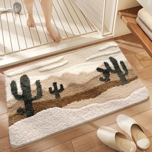 Bathroom Rug Mat, Yellow Desert Cactus Bath Mat with Soft & Non-Slip, Ultra Absorbent Microfiber Shaggy Door Mat, Quick Dry Bath Rug Carpet for Toilet Bathtub Bedroom 20x31 Inch (Yellow) - color: Yellow