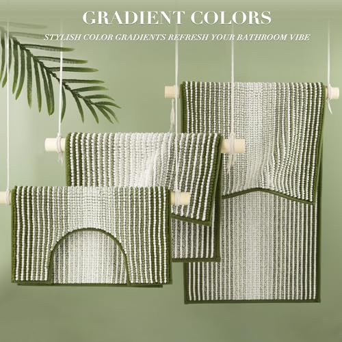 BSICPRO Bathroom Rugs Sets 3 Piece, Toilet Rugs U-Shaped Contour Bath Mat Set, Striped Absorbent Non Slip Chenille Shower Mat, Sage - color: Sage, size: 20"x32"+16"x24"+U Shape 20"x24"