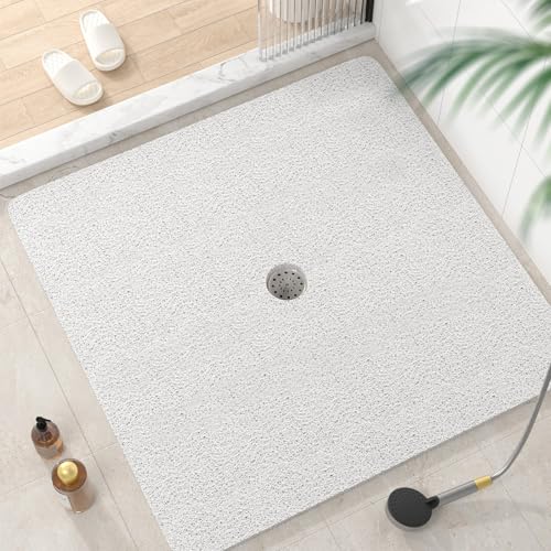 HITSLAM Square Shower Mat, 40 x 40 Inch Non Slip Bath Mat for Tub, Soft PVC Loofah Bathtub Mats with Drain Holes, Quick Drying Bathroom Stall Floor Mat, Bathroom Accessories Without Suction Cup, White - color: White, size: 40" x 40" (Square)