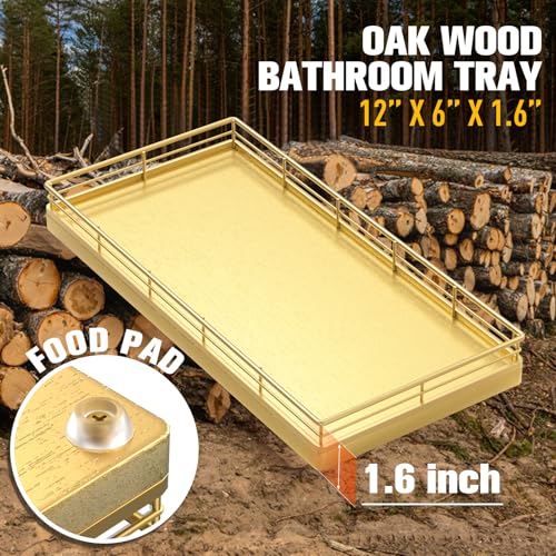 Bathroom Vanity Tray for Countertop, 12" x 6" Oak Wood Toilet Tank Tray | Metal Guardrail, Bathroom Organizer for Soap, Perfume & Skincare, Non-Slip Decorative Tray for Dresser & Vanity, Gold - color: All Golden, size: 12" x 6" x 1.5"