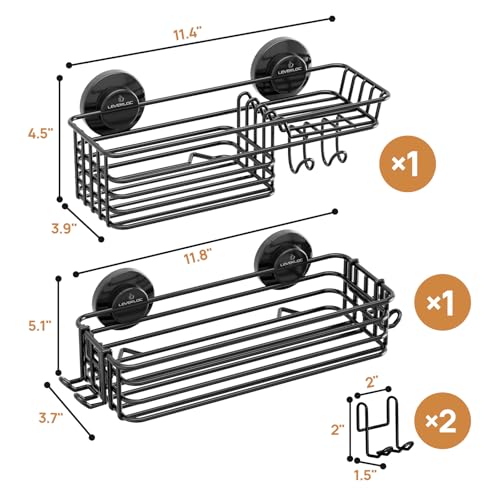 LEVERLOC Shower Caddy Suction Cup, 2 Pack suction shower shelf with Hooks & Soap holder, NO-Drilling Bathroom Holder, Rustproof bathroom organizer, Black - color: 2 X Black