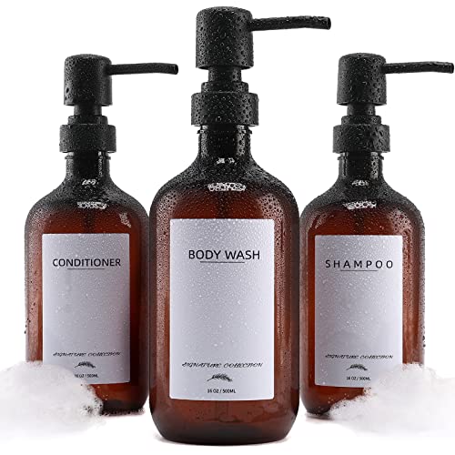 Supforce Shampoo and Conditioner Dispenser, 16.9oz Refillable Shampoo and Conditioner Bottles with Matte Pump and Funnel, Modern Shower Dispenser with Waterproof Labels for Hotel Home Bathroom - color: Amber Bottles Without Wall Mount