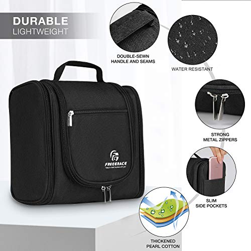 Freegrace Extra Large Hanging Toiletry Bag for Men and Women - Water-Resistant Nylon Travel Bathroom Organizer for Cosmetics, Makeup, and Toiletries - color: Snow Black