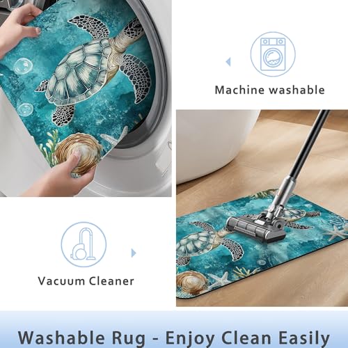 Ocean Turtle Bathroom Rug 29.5"x17", Super Absorbent Fast Drying Bath Mat with Non-Slip Rubber Backing, Thin Low-Profile Easy-Clean Bathroom Floor Mat for Shower or Tub - color: Ocean Turtle