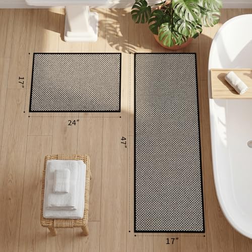 YIHOUSE Thin Bath Mat Black Bathroom Rugs Sets 2 Pieces, Non Slip Absorbent Mats Quick Dry, Woven Rugs Washable, Tapetes para Baño for Bathroom Toliet,Bathtub(17"x24"+17"x47") - color: Black, size: 2Pieces(17"x24"+17"x47")