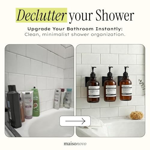 Shampoo and Conditioner Dispenser Wall Mounted Set of 3 Amber Black - No Drill Shower Soap Dispenser for Bathroom Refillable - Spa Hotel Style Accessories by MaisoNovo - color: Amber Classic Set of 3