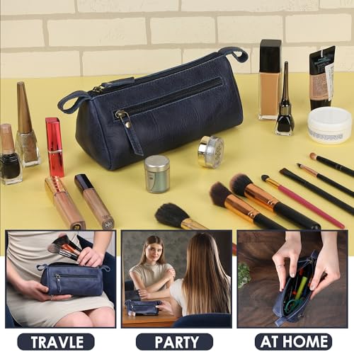 Leather Makeup Bag for Women – Genuine Leather Cosmetic Bag Travel, Handmade Zippered Makeup Pouch, Small Toiletry Bag, Shaving Kit & Stationery Organizer- Blue - color: Blue