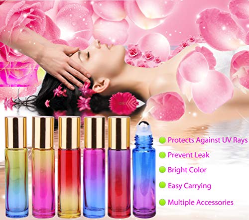 inice 24 10ml Essential Oils Roller Bottles Gradient Color Thick Glass Roll on Bottle Golden Metal Cap for Travel - color: 24 PACK Gradient Color Roller Bottles