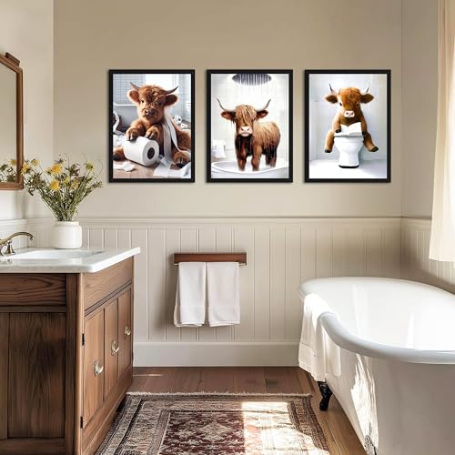 Highland Cow Bathroom Decor Set of 3, Funny Brown Cute Highland Cow Wall Art Paintings, Vintage Rustic Farmhouse Canvas Pictures Posters Prints for Bathroom, Restroom Black Wood Framed 16x24 Inch - color: Yellow Cow Black Frame, size: 24L" x 16W"