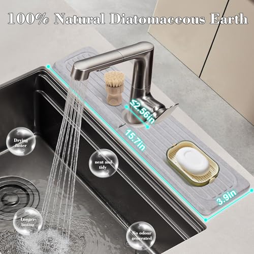 Stone Faucet Mat for Kitchen Sink, 15.7" Diatomite Drying Stone Mat Sink Protector Super Absorbent, Kitchen Sink Splash Guard, Sink Stone Quick Dry Around Faucet for Kitchen Bathroom Counter - size: 15.7" x 3.9"