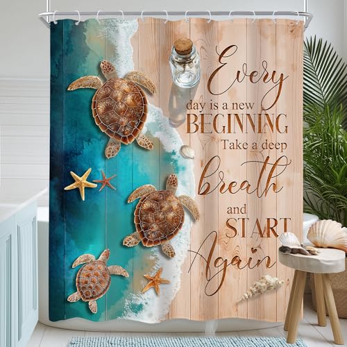Newsely Ocean Beach Turtle Shower Curtain 60Wx72L Inch Blue and Brown Sand Beachy Sea Wave Seaside Wooden Inspirational Quotes Bathroom Set Hawaiian Waterproof Bath Decoration Accessories Home Decor - color: D-01turtle, size: 60"W x 72"L (Pack of 1)