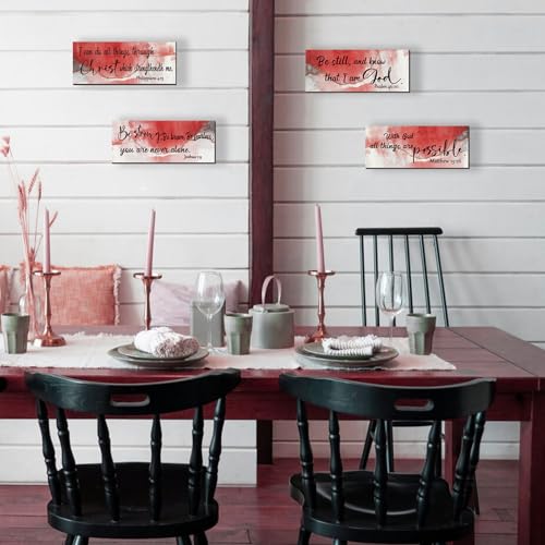 ZONWUTHY 4 Pcs Red Bathroom Decor Christian Wall Art Abstract Bible Verse Wall Decor Rustic Inspirational Wood Bathroom Accessories For Bedroom Kitchen Office(10 x 4 Inches, Red) - color: Red