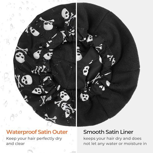 Shower Cap for Men Skulls Bath Cap, Reversible Large Waterproof Adjustable Shower Caps Terry Lining & Elastic Band Stretch Hem Hair Hat - color: Skulls