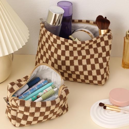 LYDZTION Makeup Bag Cosmetic Bag for Women,1Pcs Large Capacity Makeup Bags and 1Pcs Pencil Case Makeup Brushes Storage Bag Travel Toiletry Bag Organizer - color: 3pcs brown