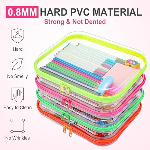 Hoolerry 4 Pcs Hard Clear Zipper Case Makeup Bags Plastic Zipper Pouch Transparent Storage Box Containers for Cosmetics, Snacks, Building Blocks, Puzzles(Clear,9.8 x 7.9 x 2 in,Fluorescent) - color: Fluorescent, size: 9.8 x 7.9 x 2 in