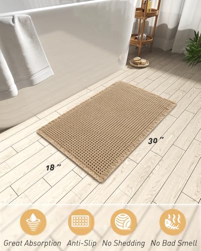 AMOAMI Upgraded Waffle Bath Mat, Super Absorbent Non Slip Bath Mats for Bathroom Floor, Machine Washable Bathroom Rugs with Tassels, Rubber Backed Bathroom Mats, Ultra Soft, 18" x 30", Brown - color: Brown, size: 1'6" x 2'6" (Rectangular)