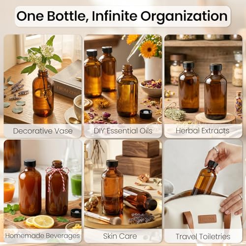 TBWIND 54 Pack 4oz Amber Glass Boston Round Bottles with Airtight Caps | Refillable Glass Bottles for Vanilla Extract, Homemade Liquids, Syrups, Oils & DIY Crafting with Droppers, Labels & Funnels - size: 4oz