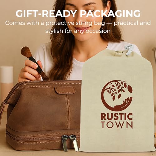 RUSTIC TOWN Leather Toiletry Bag for Men - Travel Gift Shaving Ditty Kit - Bathroom Shower Toiletries Organizer - Cosmetic Makeup Bag for Women - color: Brown