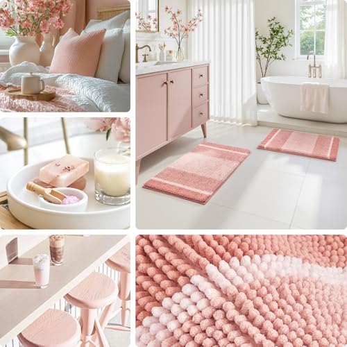 HOMEIDEAS Pink Bathroom Rugs Set of 2, Thick Absorbent Chenille Bath Mats, Non-Slip Soft Shaggy Rugs for Bathroom Floor, 20" x 32" & 17" x 24" - color: Pink