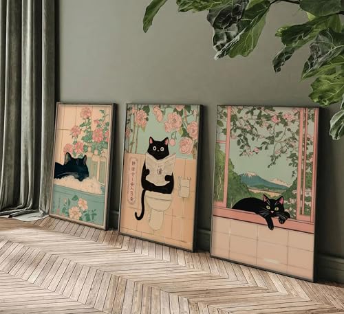 ZWTJPLN Japanese Ukiyo-e Black Cat Bathroom Poster Set (12x16/16x24 Inches) - 3-Piece Unframed Funny Cat Wall Art for Restroom & Home Decor - color: Funny Cat, size: 24L" x 16W"Poster