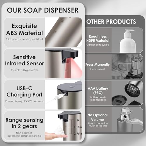 Automatic Soap Dispenser Foam Rechargeable: Touchless Soap Dispenser Stainless Steel with Sensor for Bathroom Kitchen - color: Silver2