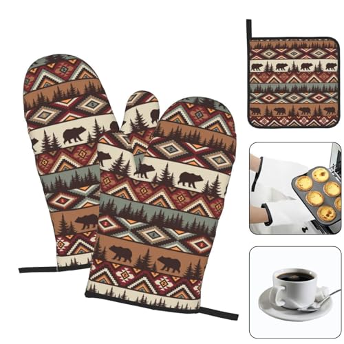 Vintage Rustic Oven Mitts and Pot Holders Sets of 3 Heat Resistant Hot Pads Bear Mountain Oven Gloves for Kitchen Cooking BBQ Baking - color: Vintage Rustic
