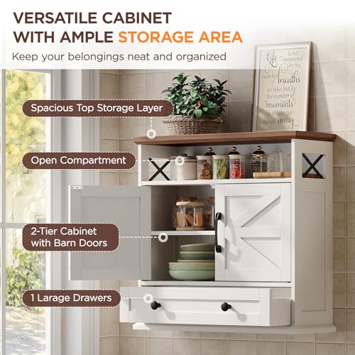 Bathroom Wall Cabinet, 23.6''x23.6'' Farmhouse Wall Mounted Medicine Cabinet with Drawer, 2 Barn Door & Adjustable Shelf, Space Saving Over The Toilet Storage Cabinet for Bathroom, Kitchen, Entryway
