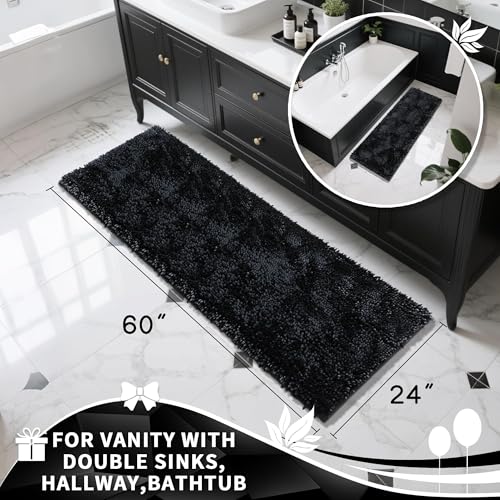 Yimobra Long Bathroom Rugs Runner 60x24 Inch, Extra Thick Soft Absorbent Chenille Bath Mat, Non Slip Machine Washable, Quick Dry Bath Rugs for Bathroom Floor, Tub and Shower, Black - color: Black, size: 60" X 24"