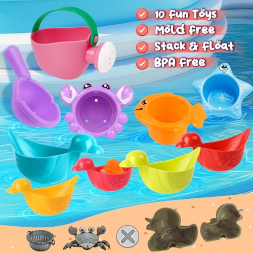 10 Pcs Bath Toys for Kids Ages 1-3, Bathtub & Pool Water Toys for Toddlers 1-3 & Babies 12-18 Months, Water Table Accessories with Floating Ducks, Stacking Cups & Pouring Fun for Boys Girls - style: Ducks Set