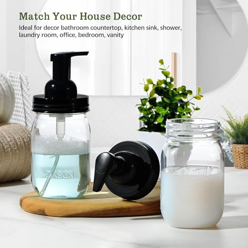Amolliar Plastic Mason Jar Foaming Soap Dispenser with Pump Lid,16OZ Refillable Hand Soap Dispenser with Cute Lables, Farmhouse Decor for Kitchen/Bathroom, Lotion Dish Soap (1 Pack, Black) - color: Clear Jar With Black Pump, size: 1 Pack