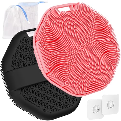 Manmihealth Soft Silicone Body Scruuber 4 PCS, Upgrade Gentle-Cleansing Shower Brush with Non-Slip Hand Strap, Exfoliating Silicone Loofah with Soap Bag (Black+Pink) - color: Shower Brush (Black+pink)